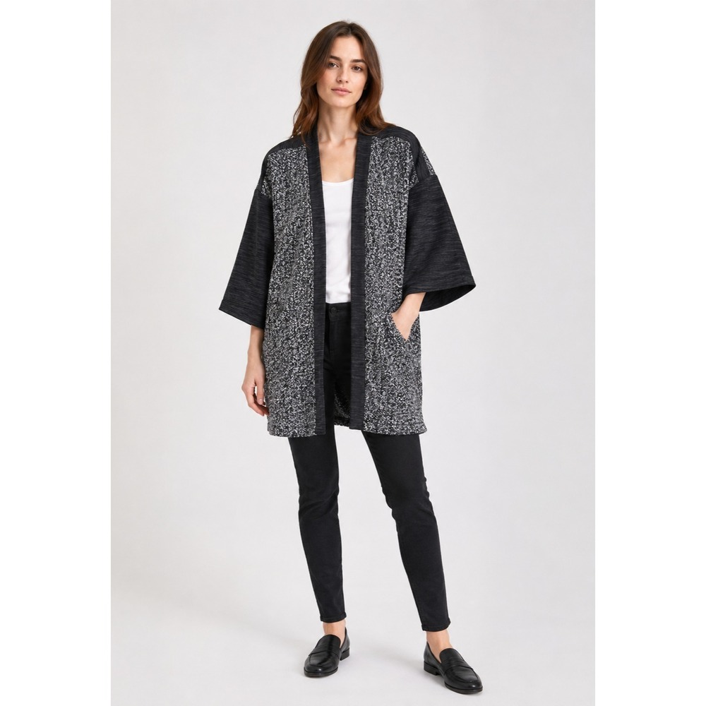 Essentials by Milano Cardigan Womens Small Gray Black Knit Open Lagenlook